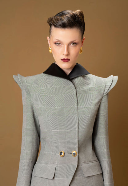 Blazer ajustado de mujer sin cuello con solapa bicolor y dos botones